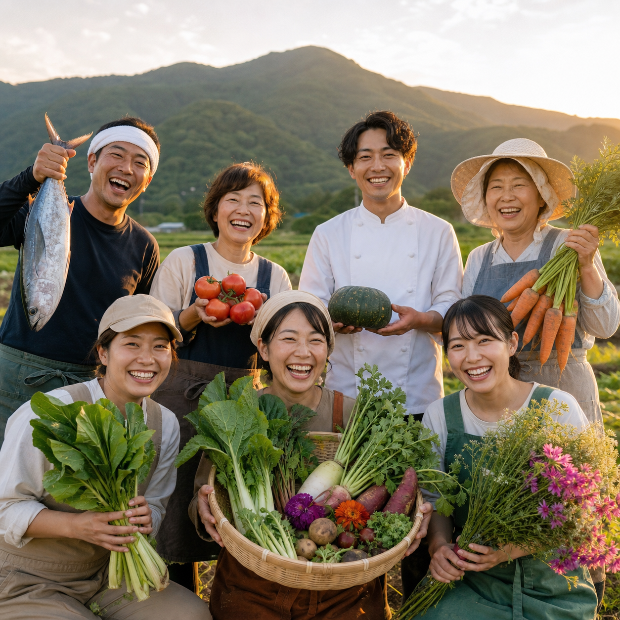 笑顔で集まる生産者、漁業者、料理人のみなさん